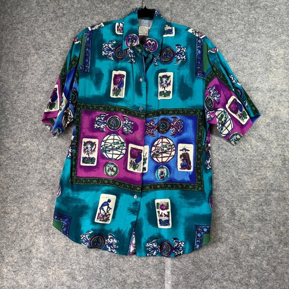 COMO Studio Vintage Artsy Hippie Tarot Print Shirt Teal Purple Rayon Size 6 - Picture 4 of 16
